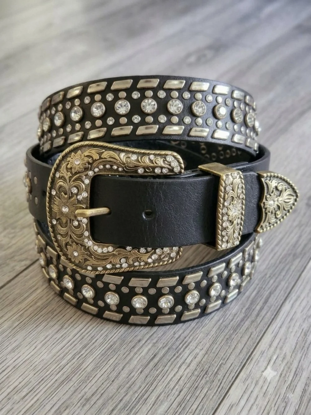 Vintage Western Bling Black Belt with Floral Western Buckle 44 Inch